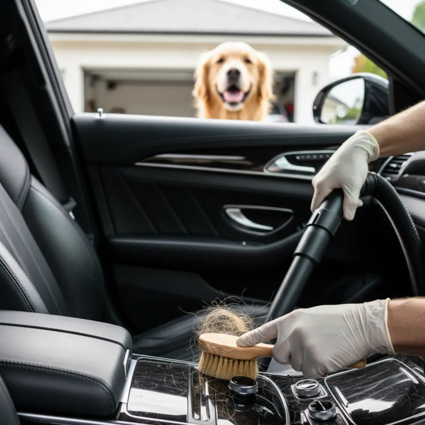 Nettoyage intérieur automobile à Colombes, aspiration et retrait des poils d’animaux sur les sièges en cuir.