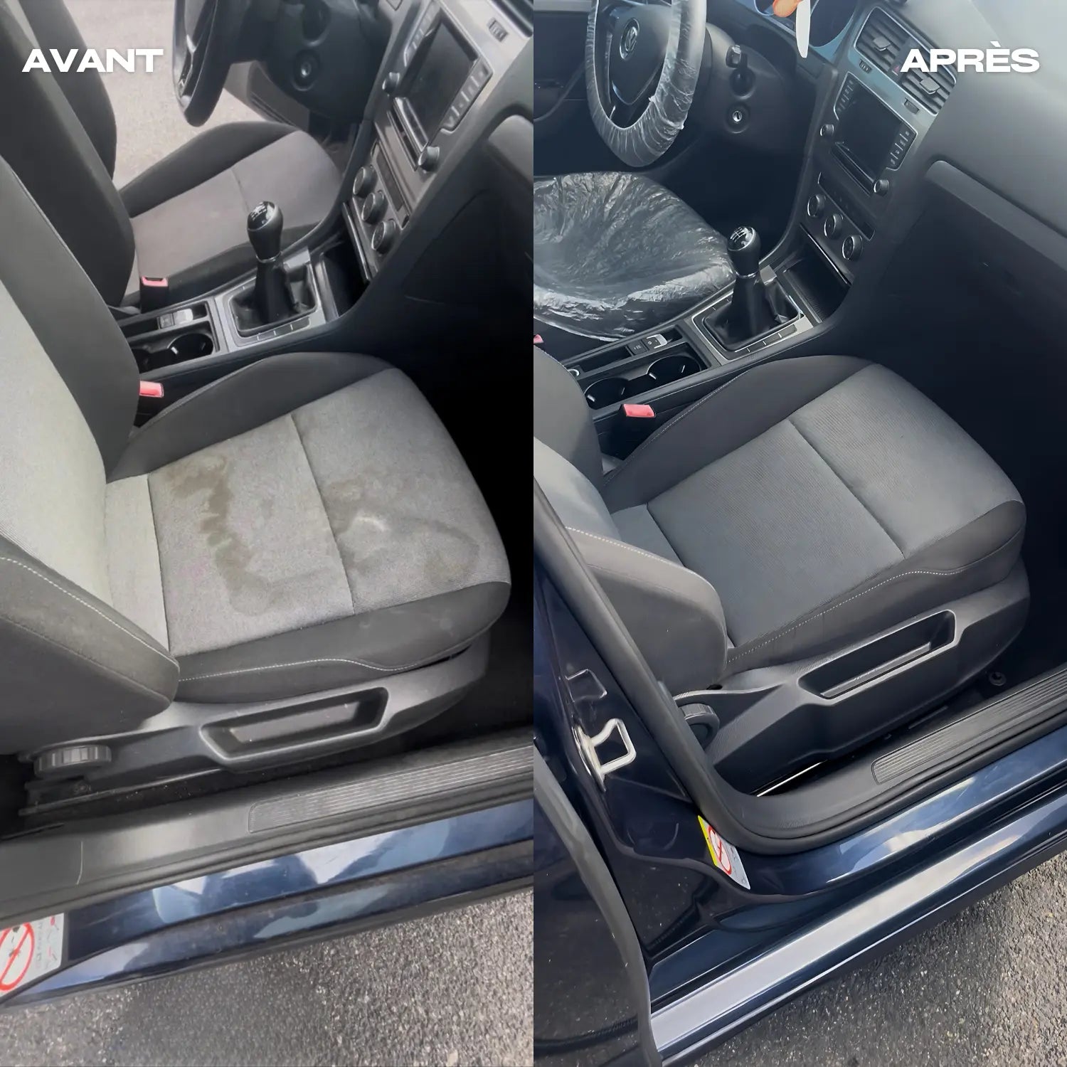 Nettoyage de siège auto avant et après un detailing intérieur à Argenteuil, résultat professionnel sur tissu de voiture.